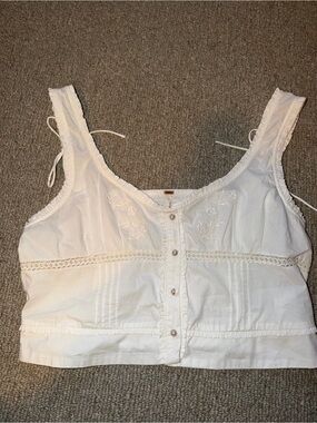 Free People White Embroidered Button-Front Crop Tank